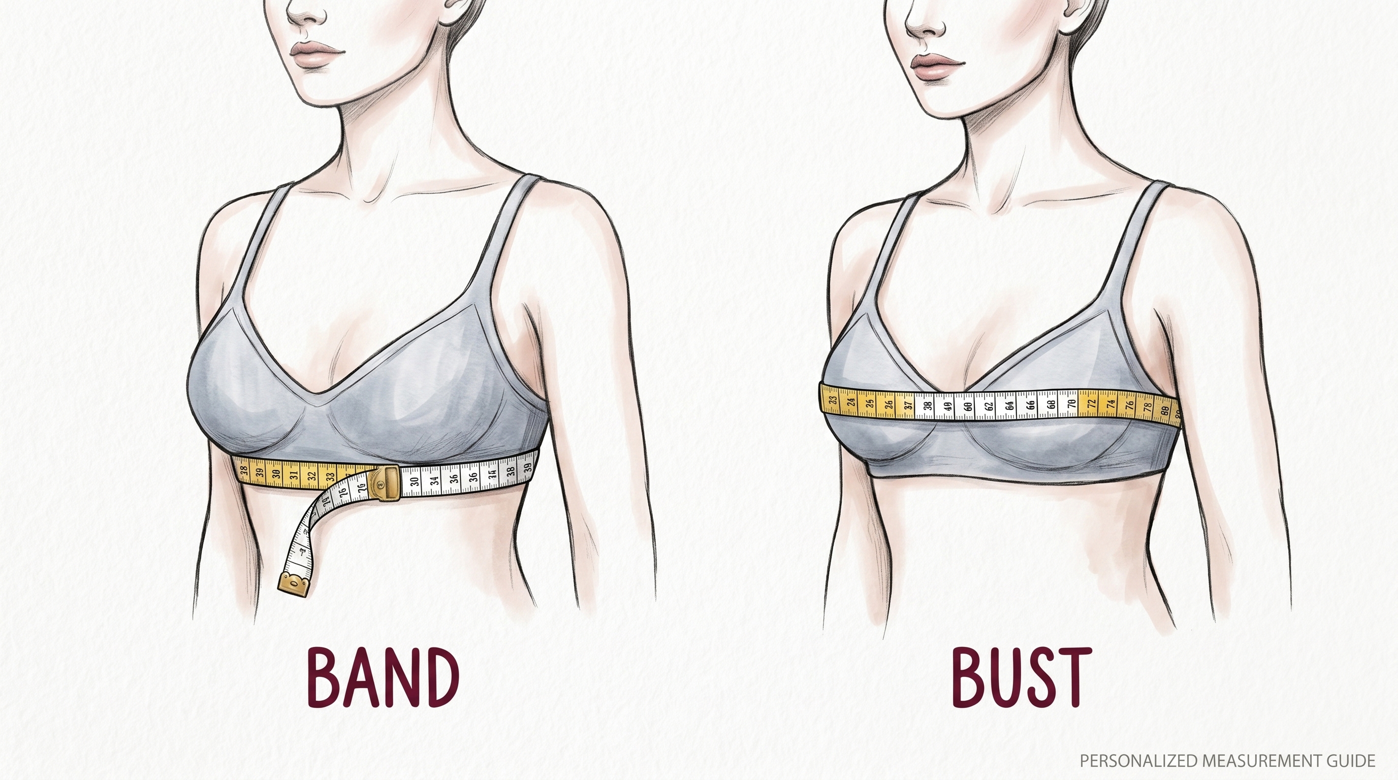 Two figures showing how to measure: tape placed firmly under the bust for the band measurement, and tape placed across the fullest part of the bust for the bust measurement.
